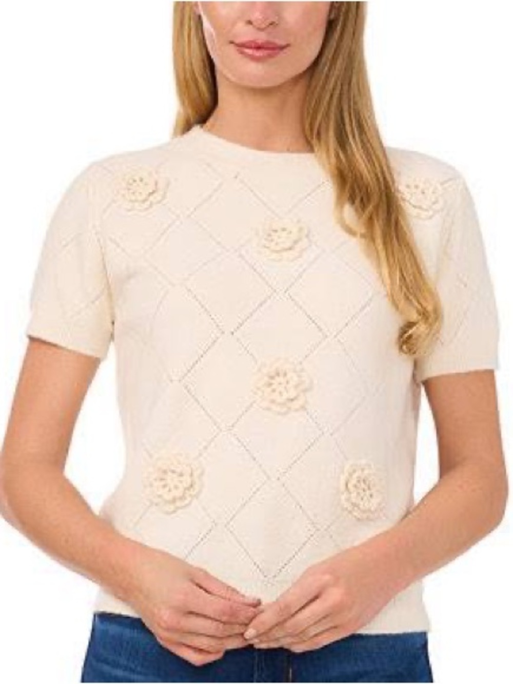 CeCe Cream Short Sleeve Floral Appliqué Knit Top